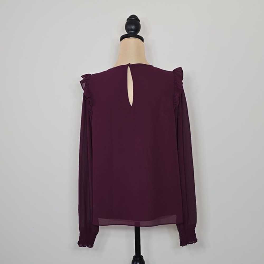 ALLISON JOY Womens Plum Pleated Ruffle Sleeve Keyhole Chiffon Blouse Top Size S - Picture 2 of 8